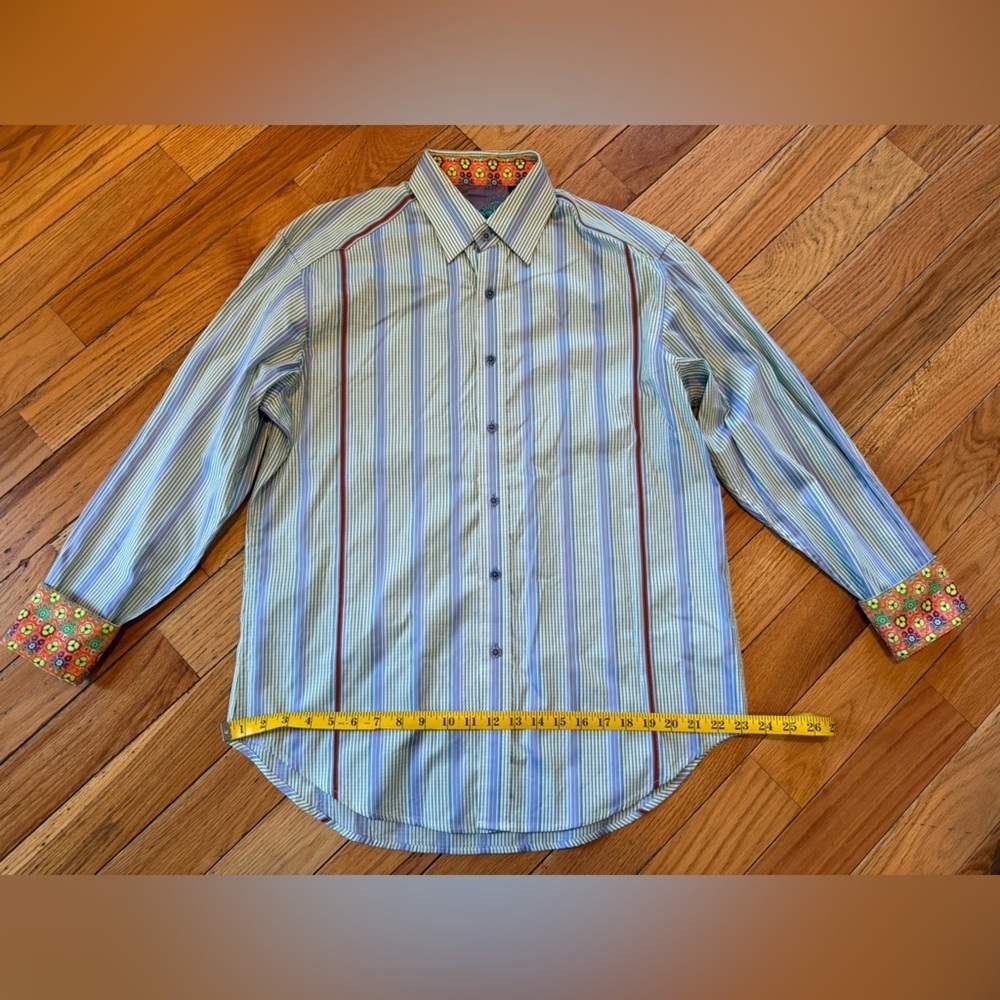 Robert Graham Floral Flip Cuff Button Down Shirt Men's Size Large Vert Stripe - Picture 13 of 14